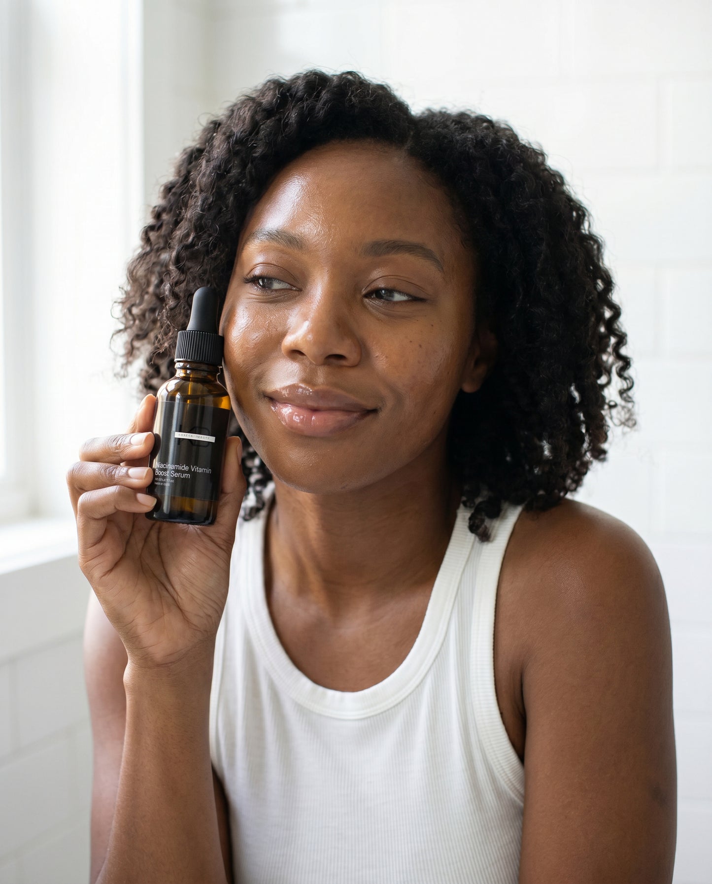 Model holding Niacinamide Vitamin Boost Serum beside her cheek, soft morning bathroom light